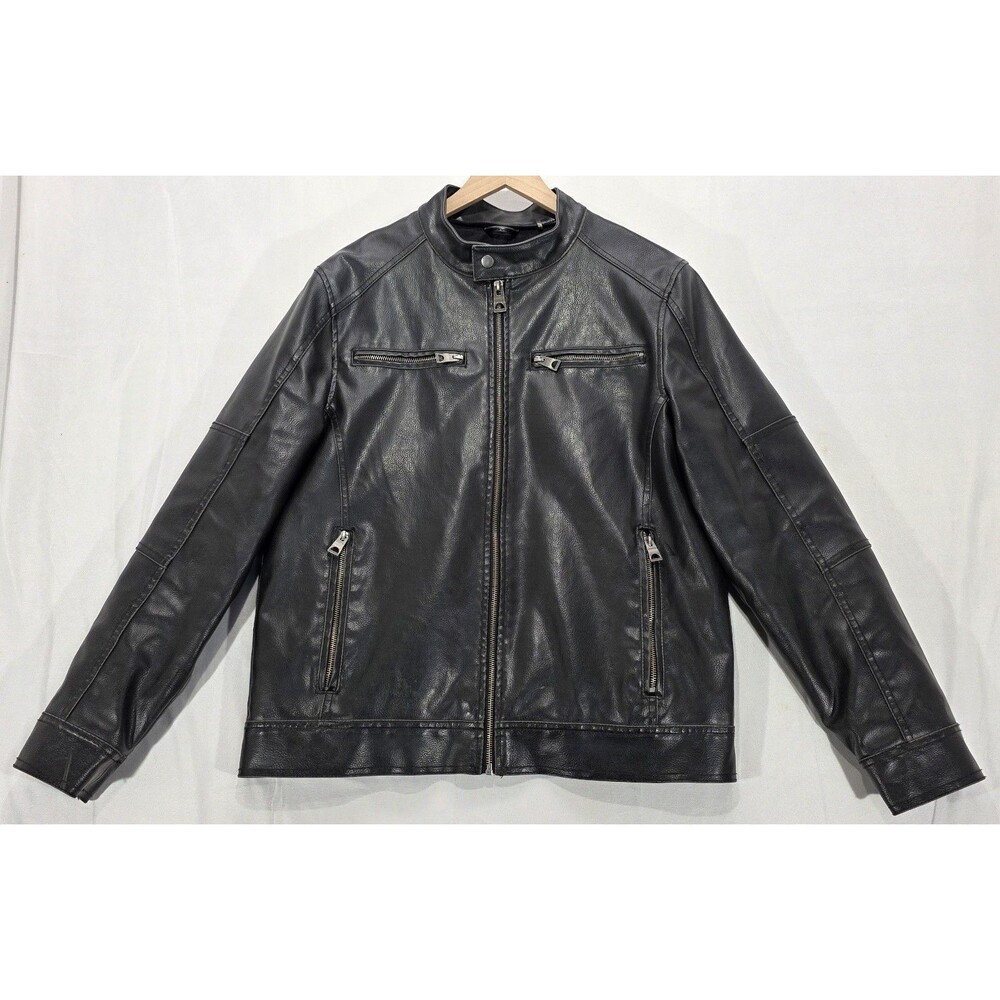 GUESS Black Faux Leather Moto Jacket Mens M Casual Cafe Racer Biker Full Zip
